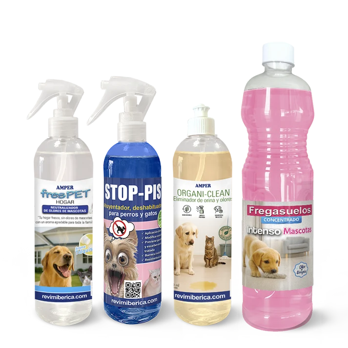 Pack limpieza para mascotas – 4 PRODUCTOS para control de olores y orina en perros y gatos