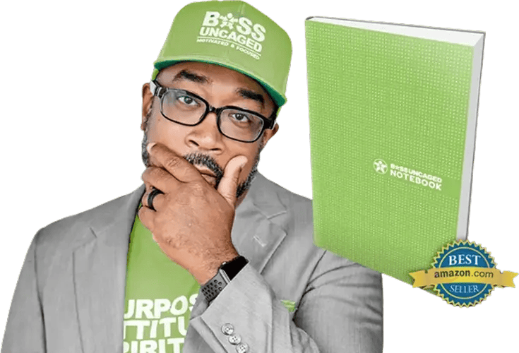 Picture this: a confident individual decked out in a green cap and shirt emblazoned with "Boss Uncaged." They're deep in thought, fingers gently touching their chin. Beside them sits the ultimate guide to success&mdash;a green notebook branded with "Boss Uncaged," proudly sporting an "Amazon Best Seller" badge. Inside, it reveals groundbreaking digital marketing strategies tailored for small businesses ready to dominate the market.

Discover how to elevate your game and transform your business with Boss Uncaged insights. - Boss Uncaged&trade; OmniMedia Inc.