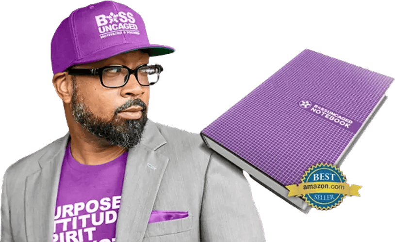 Embodying the essence of Boss Uncaged, this powerhouse individual, sporting a striking purple hat and shirt emblazoned with "BOSS UNCAGED" and "PURPOSE ATTITUDE," stands tall beside a sleek purple notebook also labeled "BOSS UNCAGED." This scene isn't just about fashion—it's a testament to transformative business growth strategies straight from industry experts. Proudly featuring an Amazon Best Seller badge, this is your ultimate blueprint for unchaining success and scaling new heights in the business arena. - Boss Uncaged™ OmniMedia Inc.