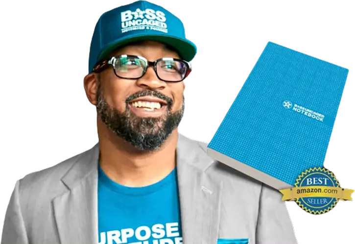 A confident entrepreneur, donning a striking turquoise hat and shirt emblazoned with "Boss Uncaged," stands proudly beside a matching turquoise notebook adorned with the prestigious "Best Seller" badge. The notebook is none other than the highly sought-after "Boss Uncaged Entrepreneur Guide." In his acclaimed personal development podcast for entrepreneurs, this visionary shares cutting-edge digital marketing strategies tailored specifically for small businesses. Join him and unleash your entrepreneurial potential today! - Boss Uncaged™ OmniMedia Inc.