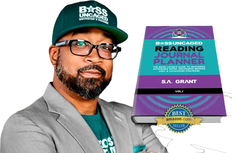 Picture this: A bearded individual donning a hat and glasses, standing confidently beside the "Boss Uncaged Reading Journal Planner" by S.A. Grant, proudly boasting its "Amazon Best Seller" badge. This powerhouse book is a treasure trove of insights on building an unstoppable brand through top-tier podcasting strategies. It's the ultimate guide for anyone obsessed with entrepreneurship success stories and eager to elevate their podcast game to legendary status. - Boss Uncaged&trade; OmniMedia Inc.