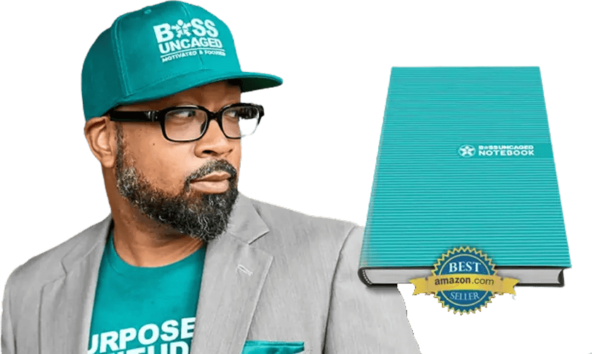 Rocking a pair of glasses, decked out in a teal cap and matching "PURPOSE" shirt, this powerhouse wields a teal "BOSS UNCAGED" notebook like an entrepreneurial sword. With the coveted Amazon "Best Seller" badge dead center, this dynamo catapults the ultimate entrepreneurship success stories podcast into the limelight. Ready to level up your game? Tune in and get uncaged! - Boss Uncaged™ OmniMedia Inc.