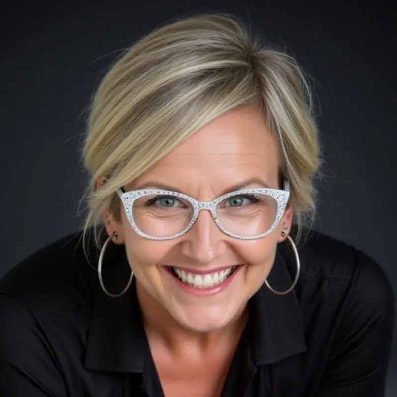 Confident woman with short blonde hair, bold white glasses, and hoop earrings rocks a black shirt, smiling against dark backdrop. - Boss Uncaged™ OmniMedia Inc.