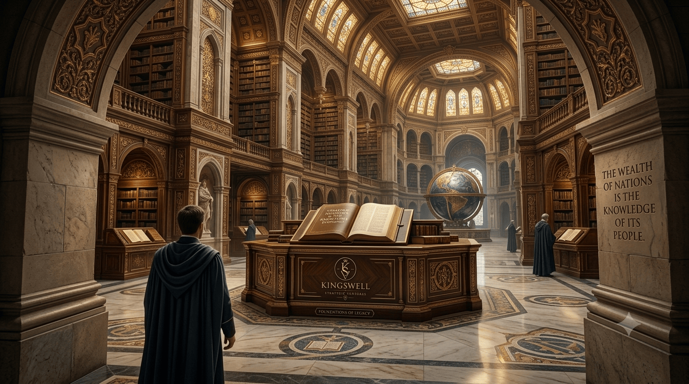 The Great Library of Kingswell, a domed hall of stained glass and shelves