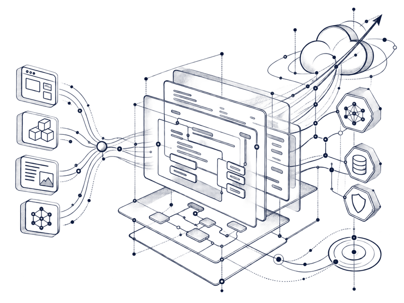 Layered code structures connect web experiences, application logic, AI, deployment, security, and operational signals
