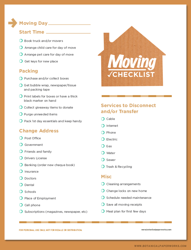 free printable moving checklist
