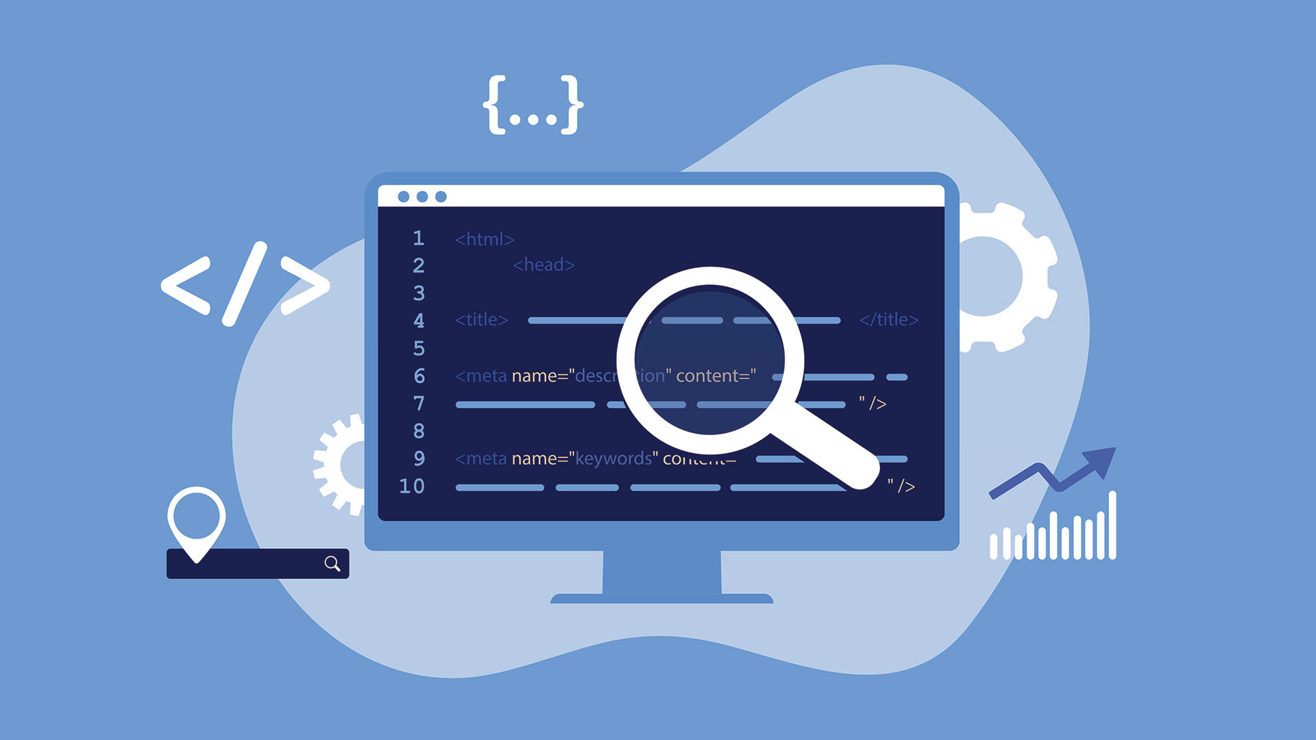 illustration of a computer with a magnifying glass overlay looking at the html code of a webpage illustration of a computer with a magnifying glass overlay looking at the html code of a webpage