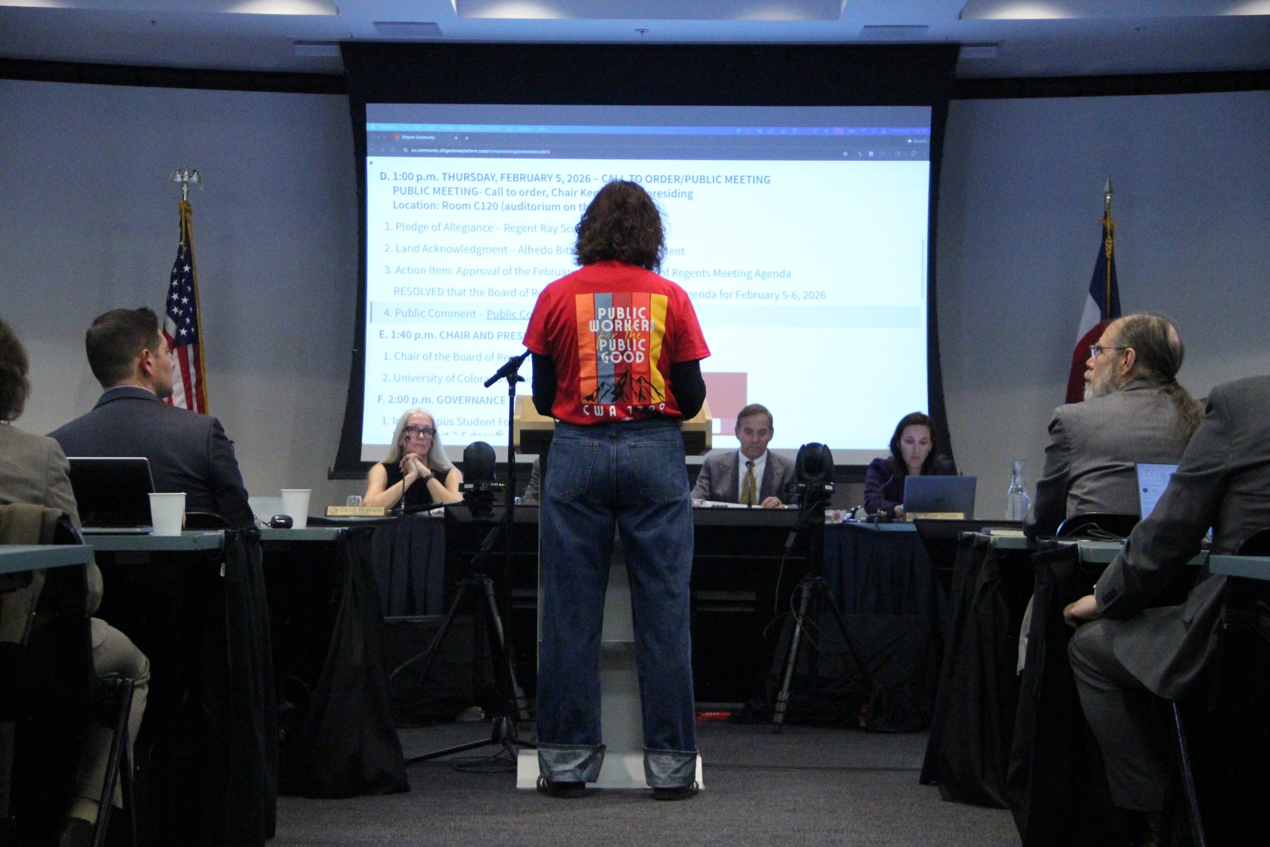 United Campus Workers union members speak at CU Regents meeting Feb. 5, 2026. Credit: Brooke Stephenson