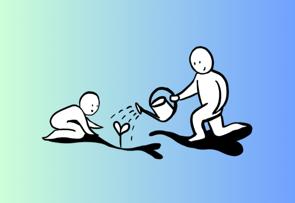Cartoon by Alissa Zorn of a parent watering a sprout that looks like a heart with their child