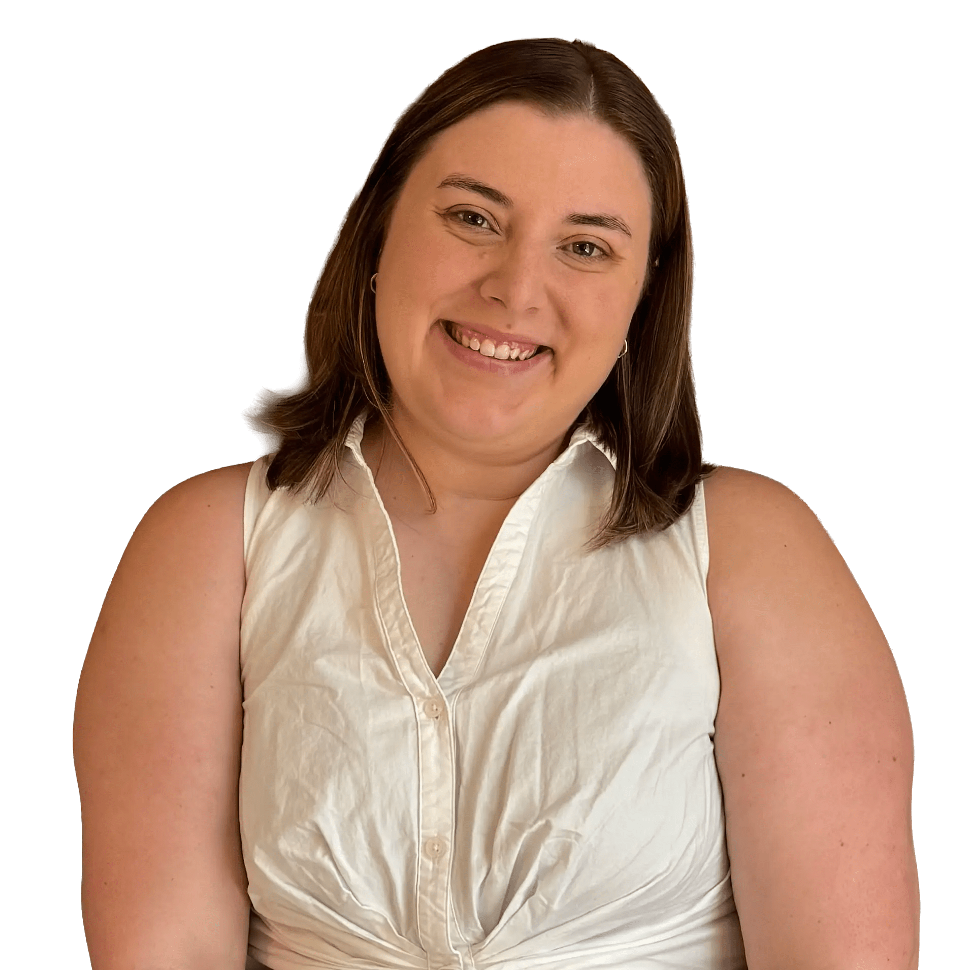 Portrait of the Boundless Health and Wellness provider smiling in a white sleeveless blouse.