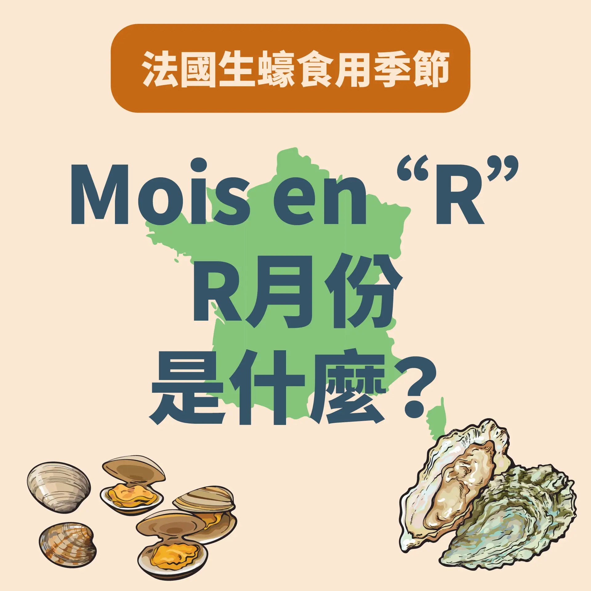 法國生蠔食用季節說明圖，標題問「Mois en "R" 是什麼？」配有法國地圖和蠔類插圖