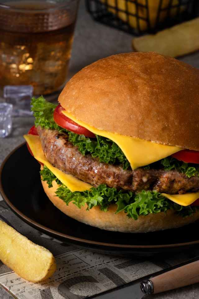 Close-up of a delicious cheeseburger with fresh lettuce, tomato, and cheese.
