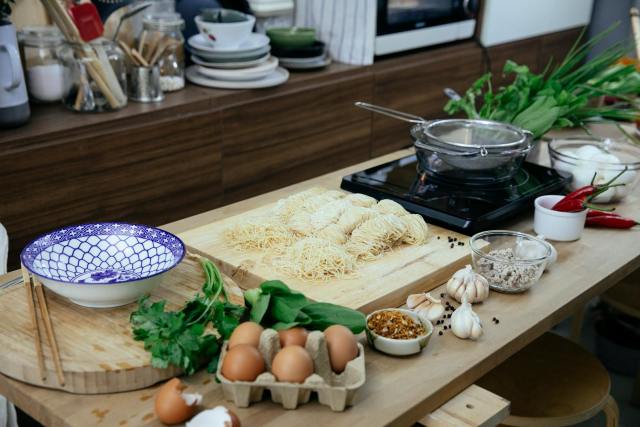 A kitchen scene showcasing fresh ingredients for a homemade meal.