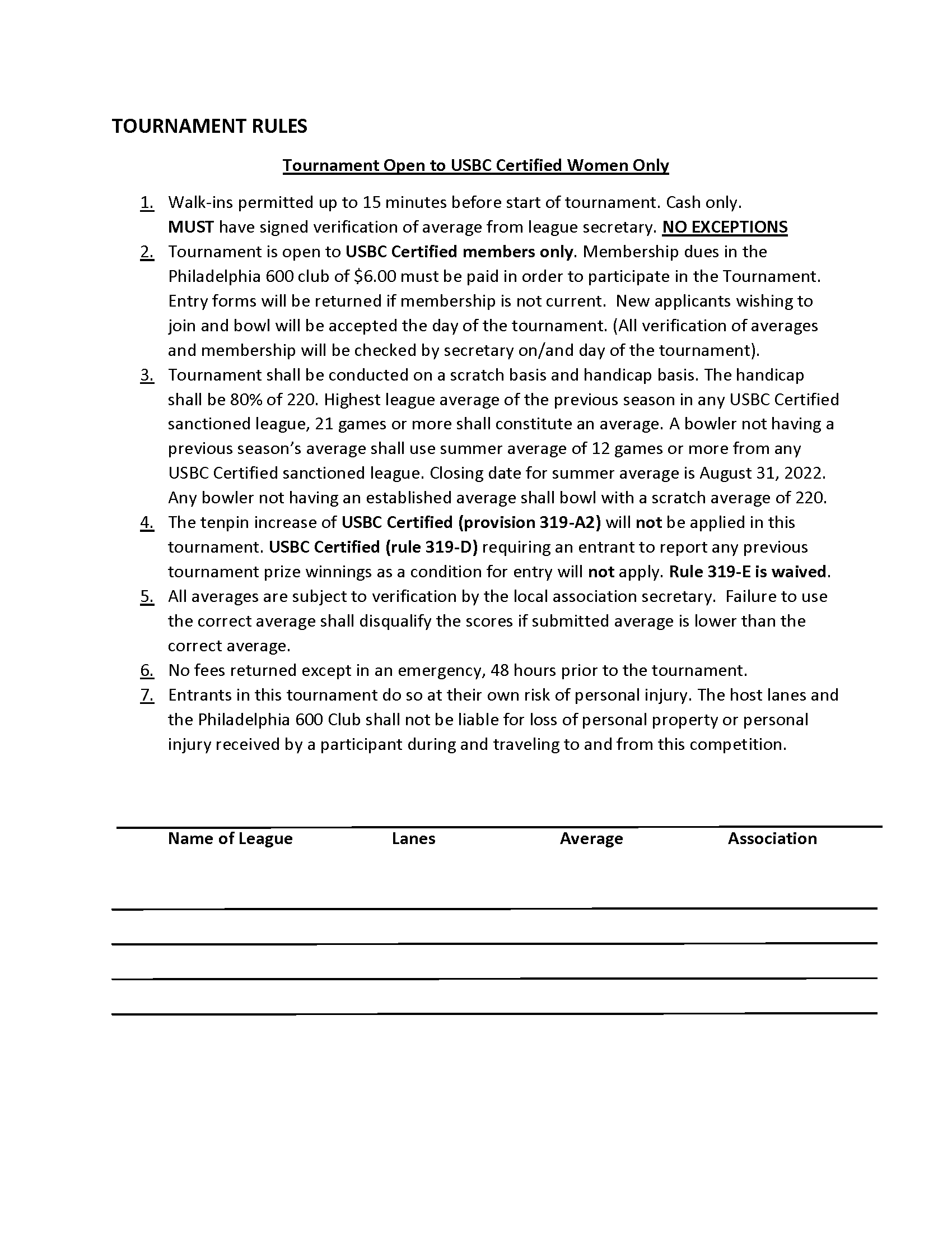 TOURNAMENT RULES SOUTHEAST PA USBC ASSOCIATION