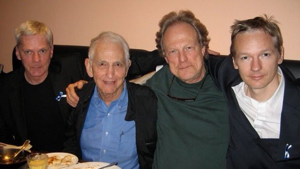 Gavin MacFadyen, second right with friend Julian Assange