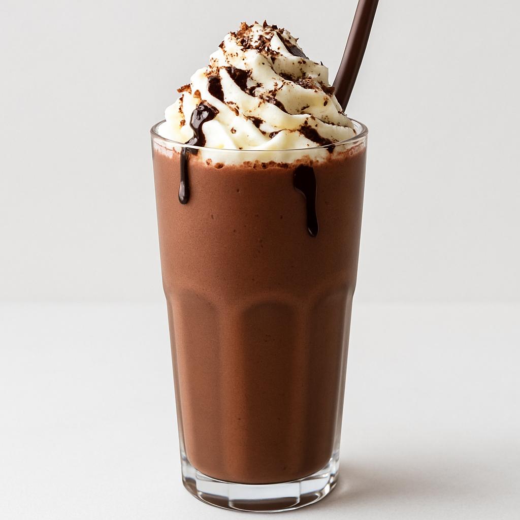A tall glass of double chocolate milkshake topped with whipped cream, chocolate syrup drizzle, and chocolate shavings