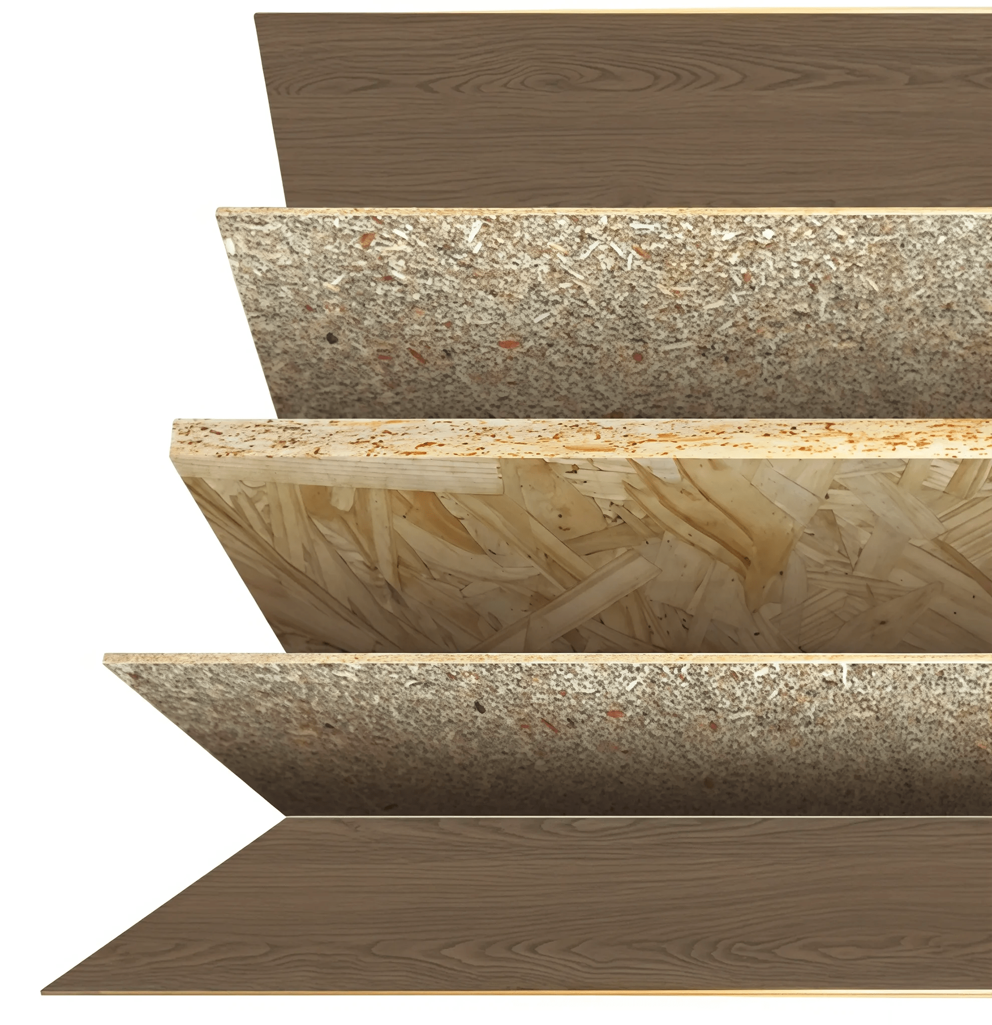 BOYITE premium melamine faced OSB cross-section: Featuring genuine Schattdecor decor paper and high-density multi-species core (birch, fir, eucalyptus) for superior structural stability.