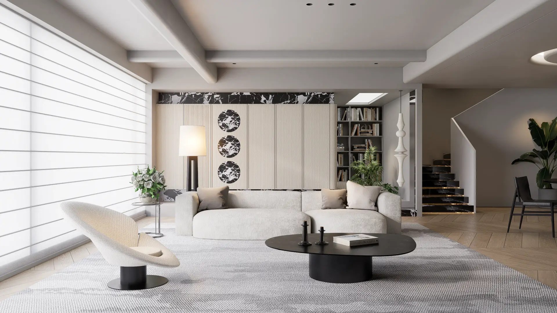 BOYITE luxury interior project: Custom cabinetry installation featuring high-end decorative plywood panels, seamlessly integrated into a modern minimalist living room design.