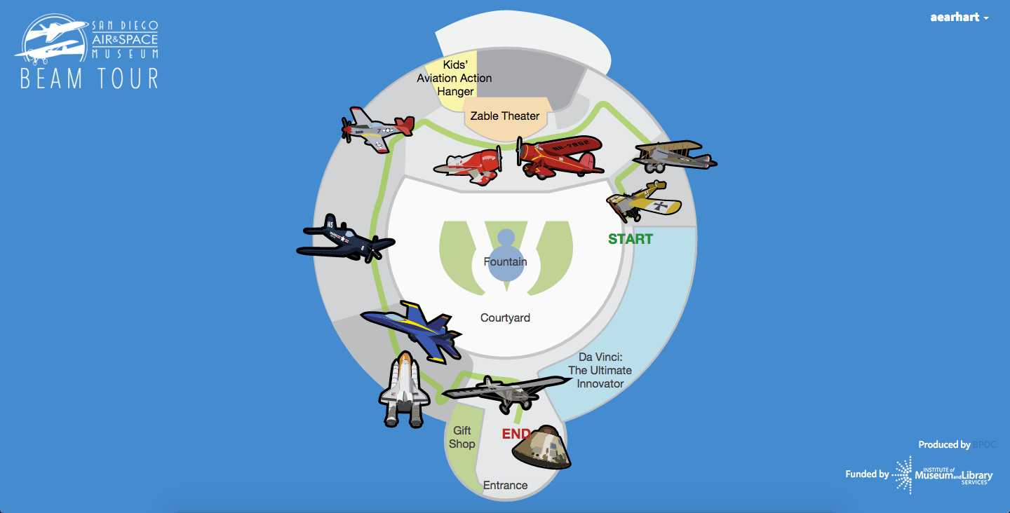 A map visual of stops on the BEAM tour at the San Diego Air & Space Museum