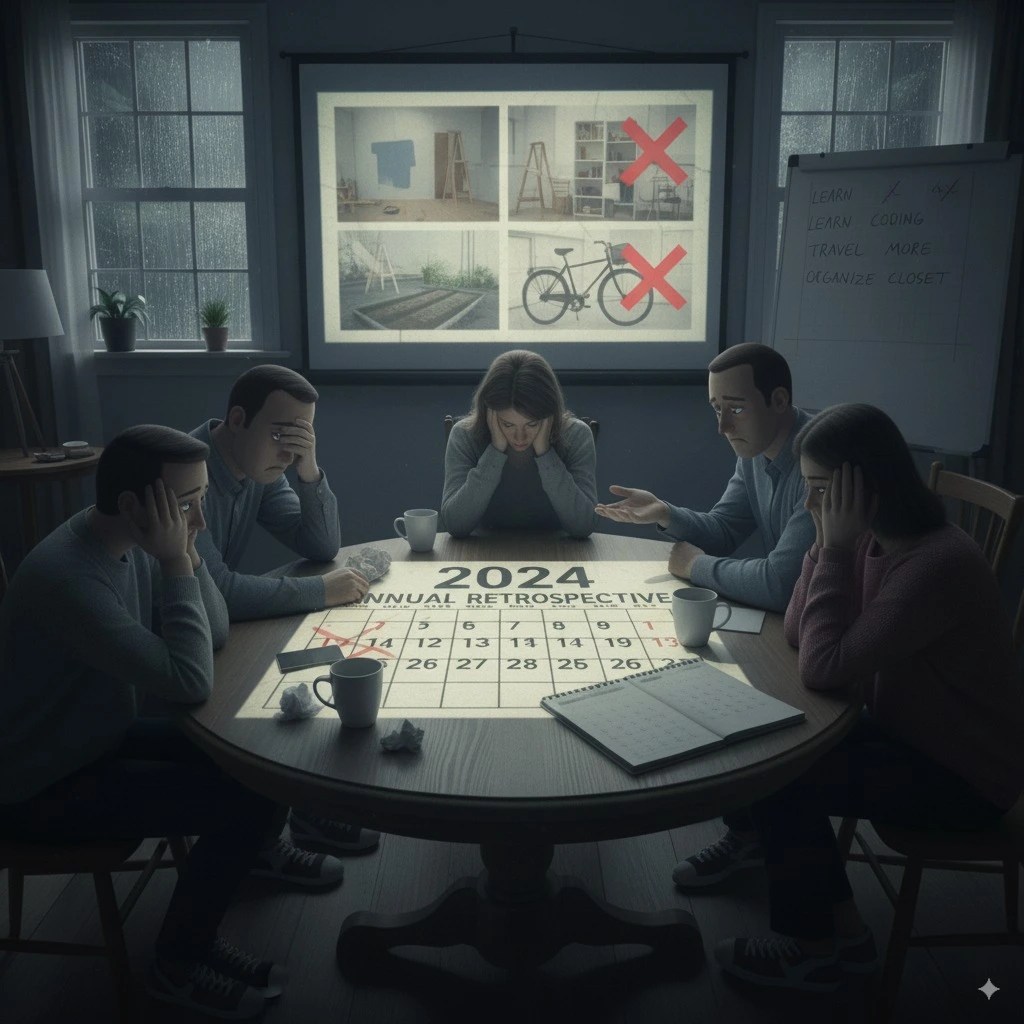 A cena mostra um grupo de cinco pessoas em estilo cartoon, reunidas ao redor de uma mesa redonda em um ambiente escuro e chuvoso. No centro da mesa há um calendário iluminado com o título “2024 Annual Retrospective”. Todas as pessoas estão cabisbaixas ou com expressões de frustração e cansaço. Ao fundo, um projetor exibe imagens de metas não concluídas, marcadas com um grande X vermelho, como organizar um cômodo ou usar uma bicicleta. À direita, um quadro branco lista objetivos como “Learn”, “Learn coding”, “Travel more” e “Organize closet”, alguns já riscados. O clima geral é de reflexão e desânimo diante de promessas não cumpridas no fim do ano. Essa foi a retrospectiva no final do ano apenas.