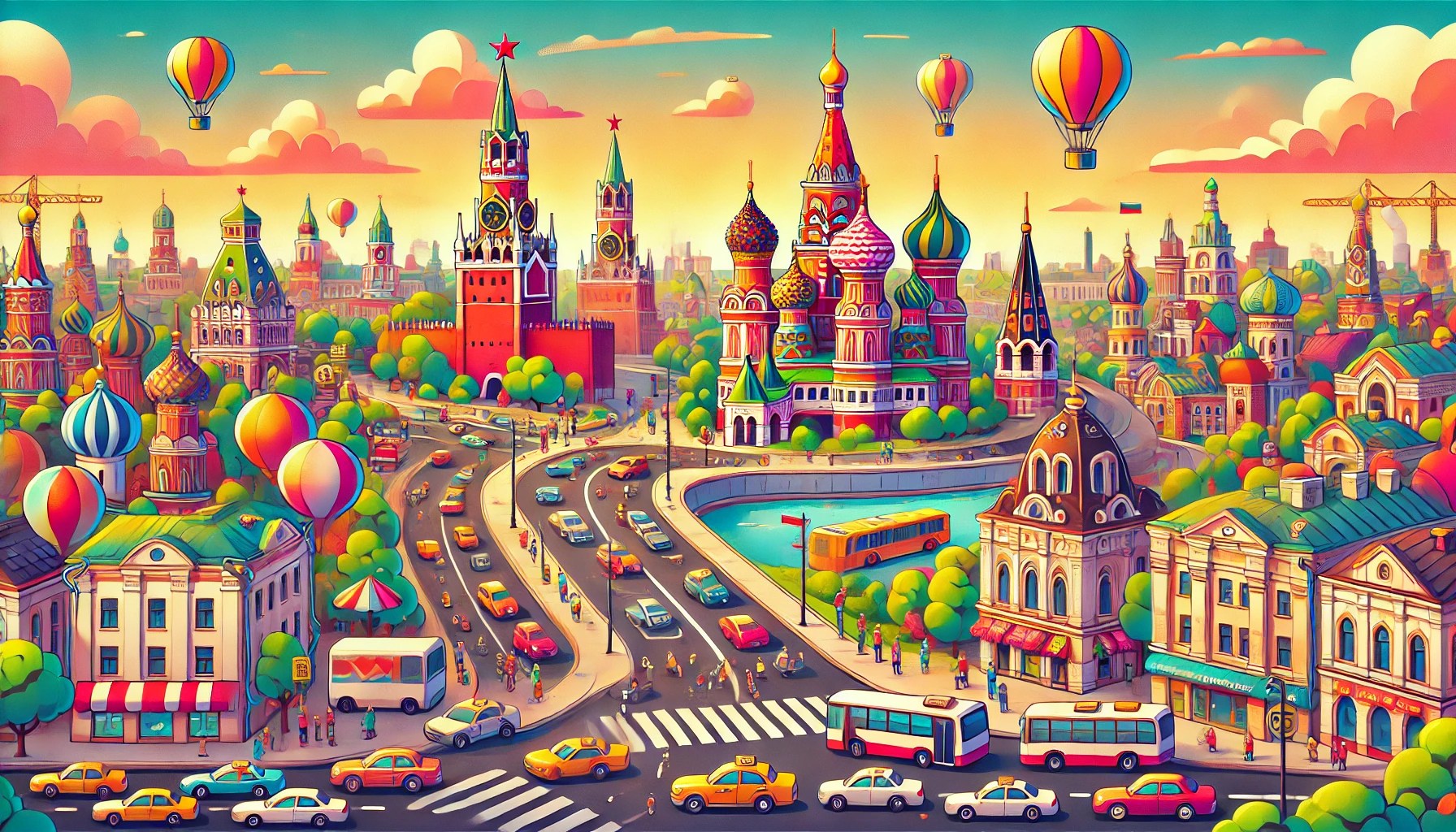 MoSCoW: Ilustração colorida e vibrante de Moscou em estilo cartoon, destacando a Catedral de São Basílio, o Kremlin e ruas movimentadas com carros, pedestres e balões flutuando no céu.