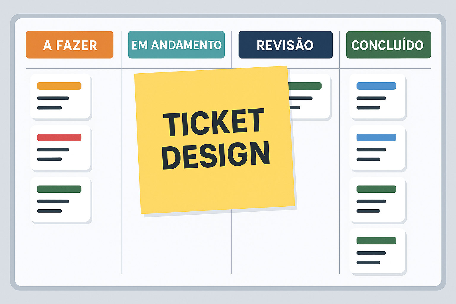 Quadro Kanban com quatro colunas (A Fazer, Em Andamento, Revisão, Concluído) contendo diversos cards de tarefas representados por retângulos coloridos. Um grande post-it amarelo com o texto "TICKET DESIGN" está posicionado centralmente sobre o quadro, destacando o foco em design de tickets.