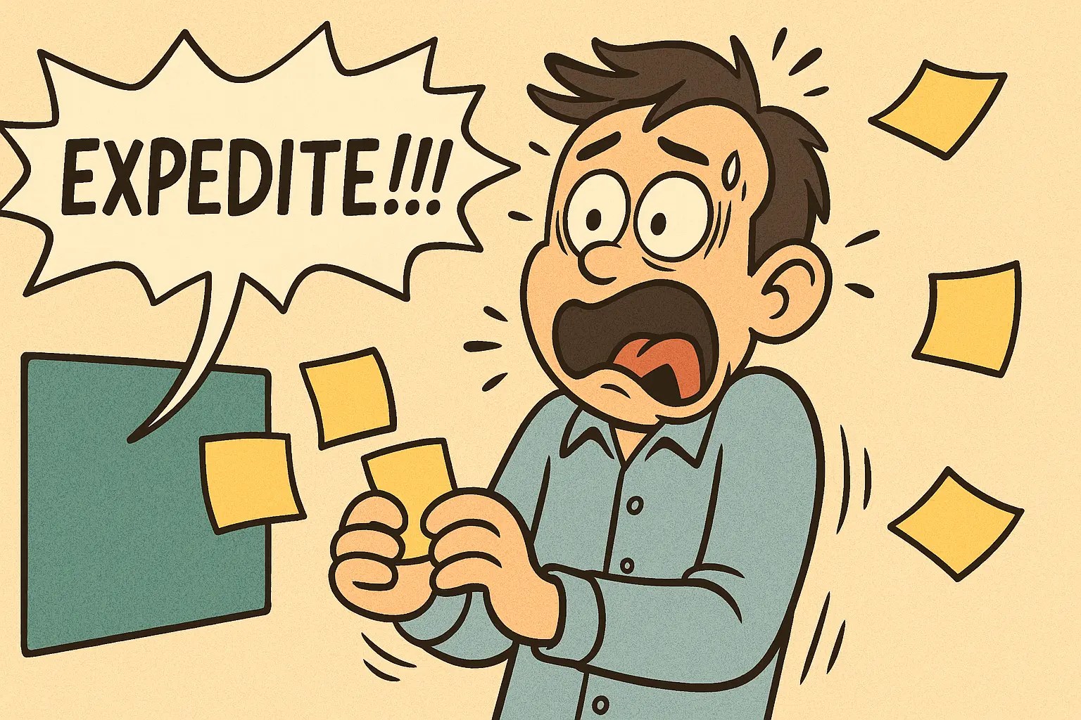 Ilustração em estilo cartoon mostrando uma pessoa diante de um quadro Kanban. Ele segura post-its e leva um grande susto ao ouvir alguém gritar “EXPEDITE!!!” em um balão de fala. A expressão é de choque, com olhos arregalados, suor na testa e a boca aberta. Vários post-its voam pelo ar devido ao susto.