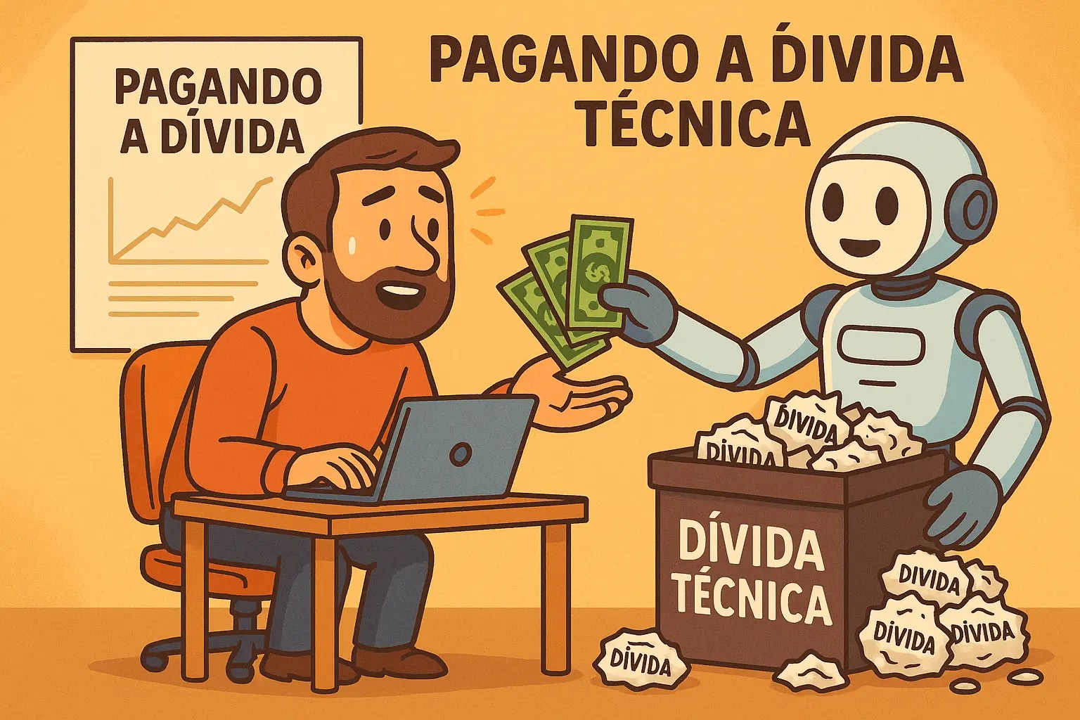 Ilustração em estilo cartoon, formato paisagem, mostrando um desenvolvedor sorridente sentado diante de um notebook, enquanto um robô simpático lhe entrega notas de dinheiro. Ao lado, há uma grande caixa cheia de papéis amassados com a palavra 'DÍVIDA' escrita, simbolizando a dívida técnica. No fundo, aparece o texto 'Pagando a Dívida Técnica' em destaque, reforçando a ideia de que a Inteligência Artificial ajuda a quitar a dívida técnica do desenvolvedor.