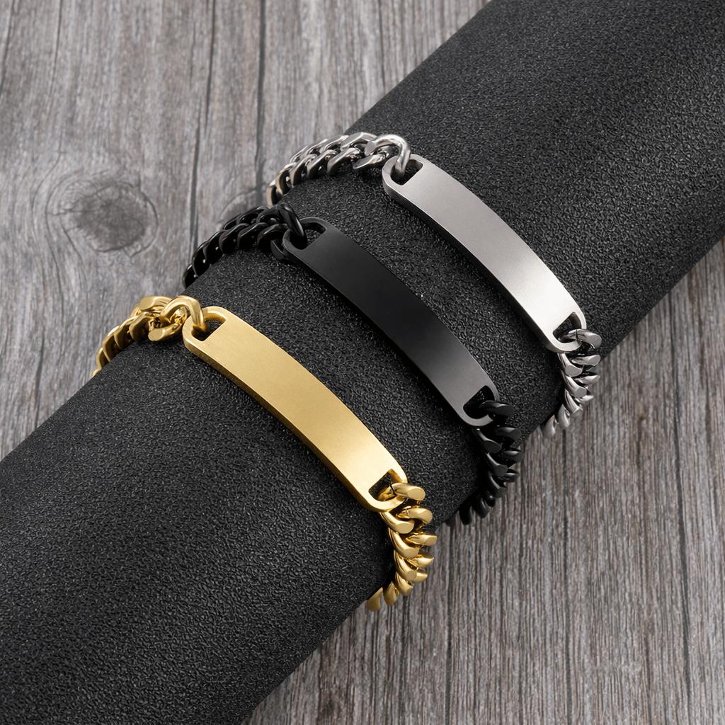 A Picture of Our Unisex Engravable Cuban Chain Bracelets in Gold, Silver and Black