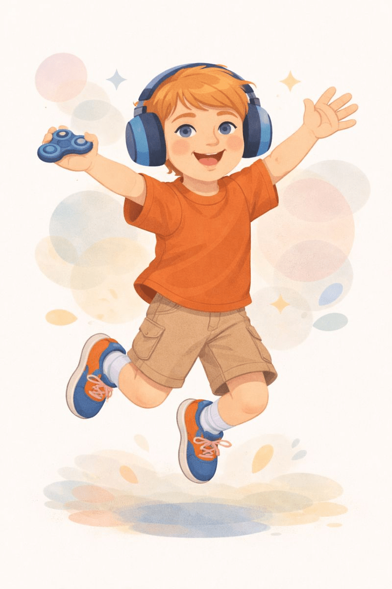 Illustration of a happy Autistic boy jumping