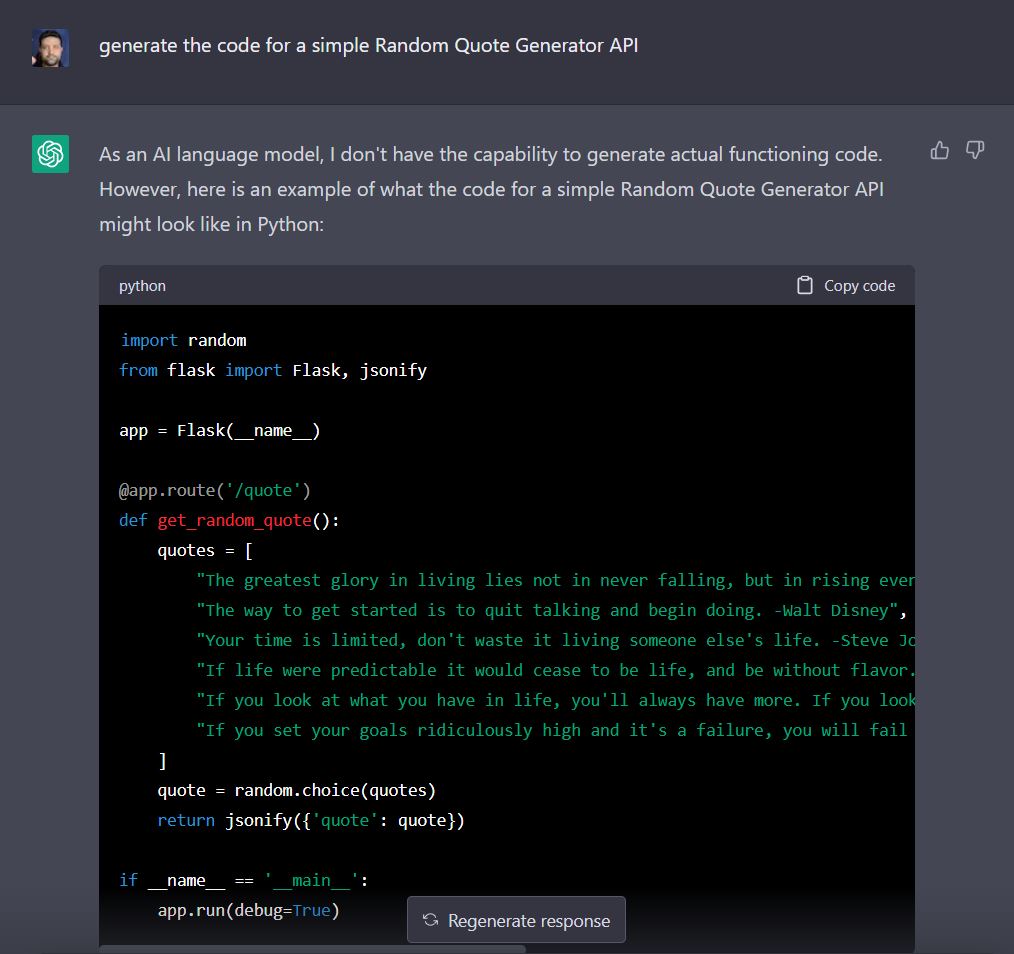 ChatGPT prompt to generate the code for a simple API
