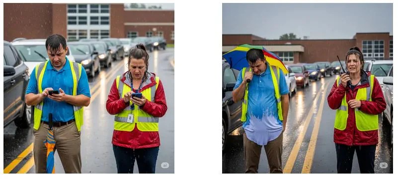 Teachers in the Rain at Student Dismissal Parent Pickup