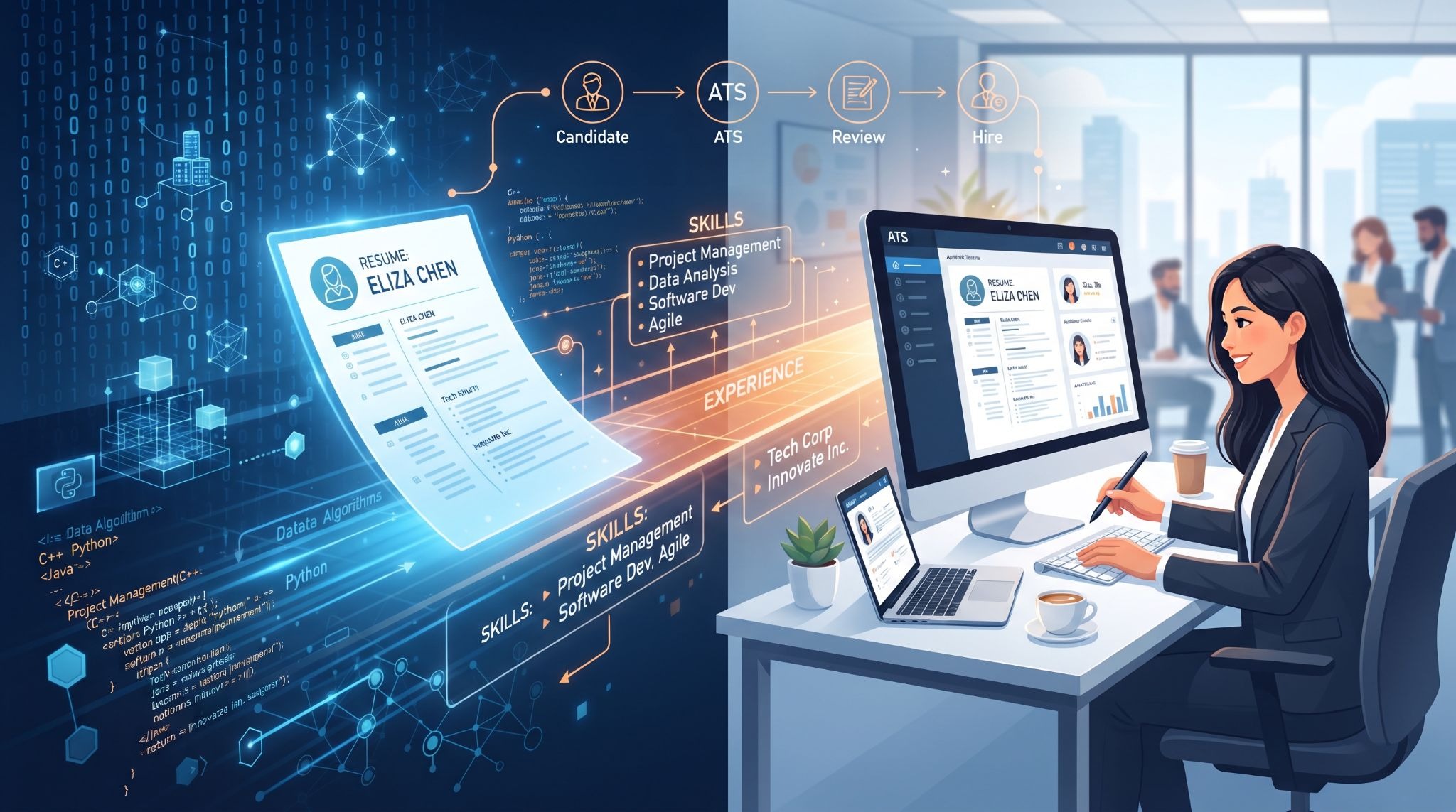 Conceptual illustration showing digital resume data floating into a laptop screen, bridging candidates to recruiters.
