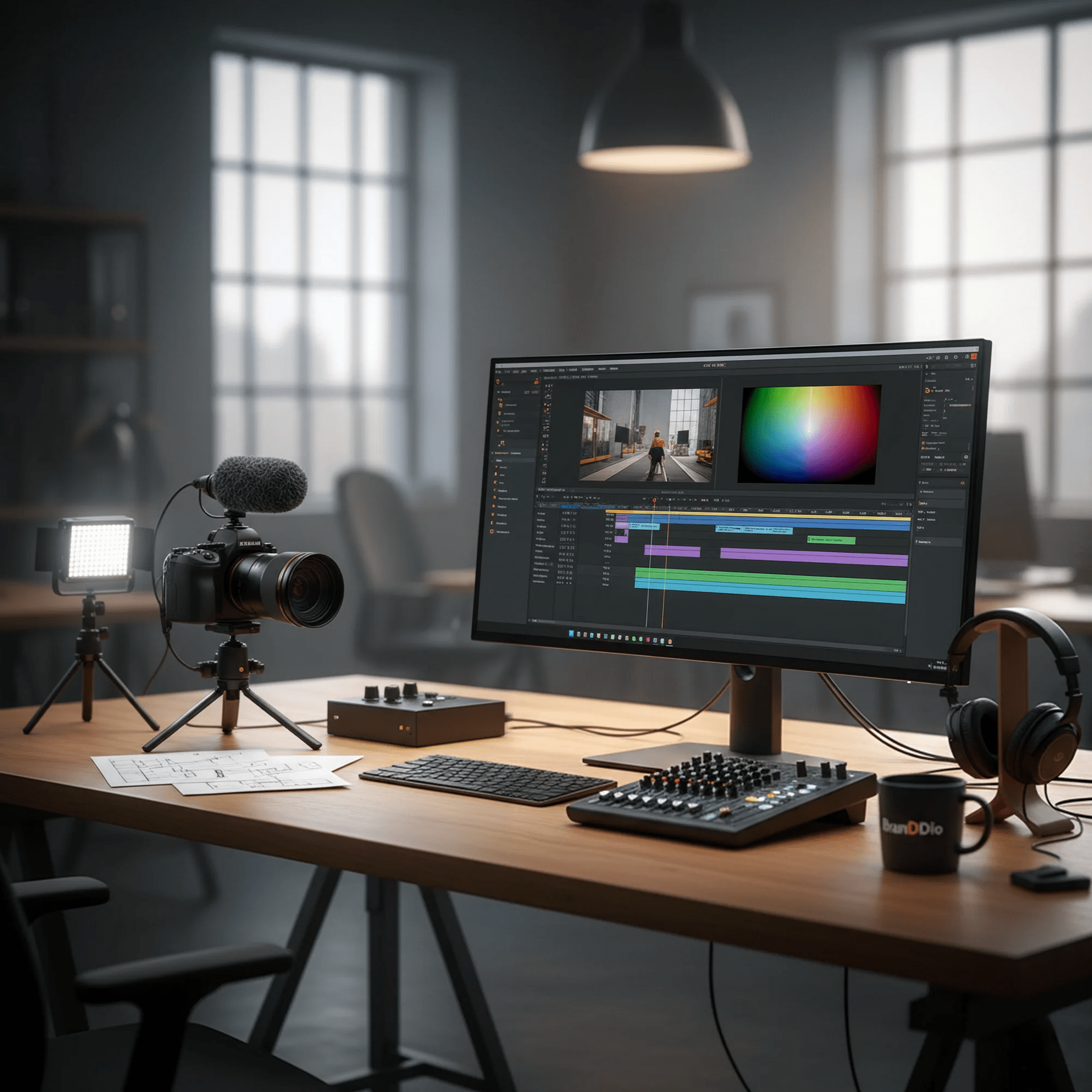 Professional video production workspace with camera, lighting equipment, and editing software on a monitor
