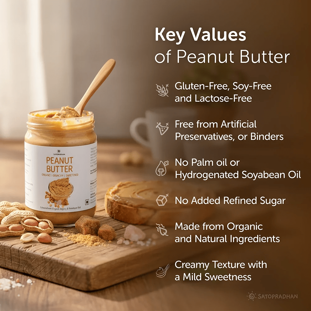 A warm, earthy-toned peanut butter infographic featuring a jar of natural peanut butter placed on a wooden board with nuts and toast around it. Soft morning light filters through a cozy kitchen setting, creating a wholesome, organic, and clean-label brand feel. The right side presents elegantly styled text in a minimal layout, reinforcing the product’s purity and natural lifestyle positioning