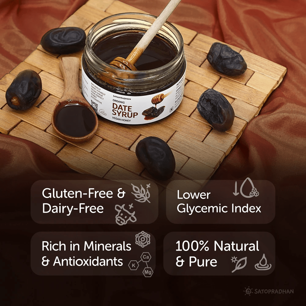 Styled product photography of organic date syrup with whole dates and a benefits infographic, showing gluten-free, low-glycemic and natural ingredients — created as a clean graphic design visual for showcasing product features.