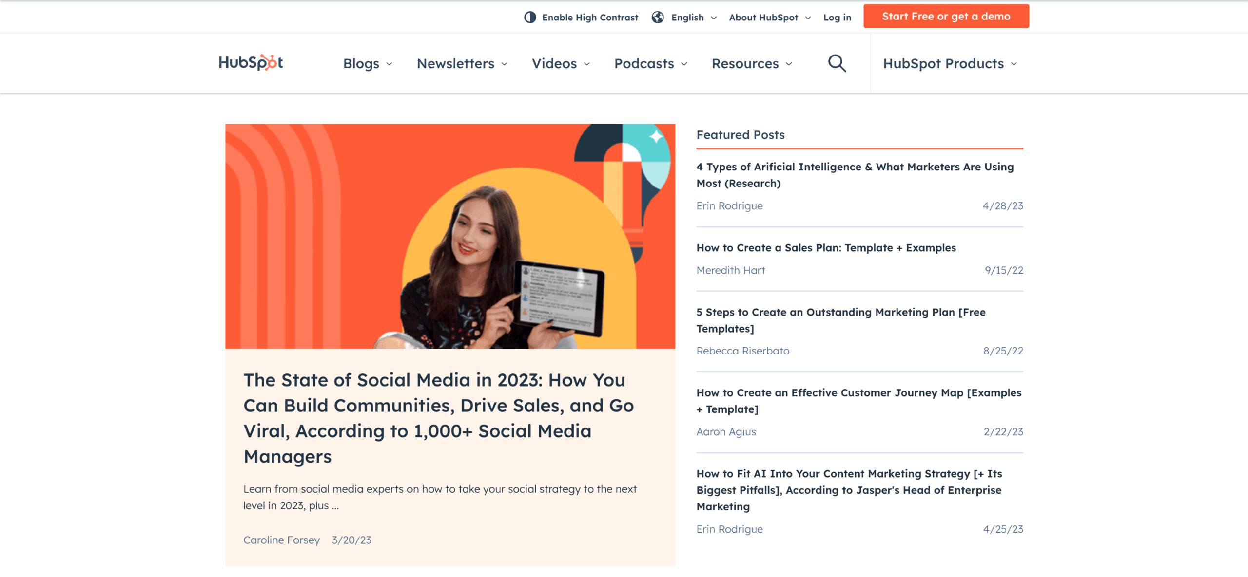 Woman holding a tablet and smiling against an orange abstract background on a HubSpot blog hero image