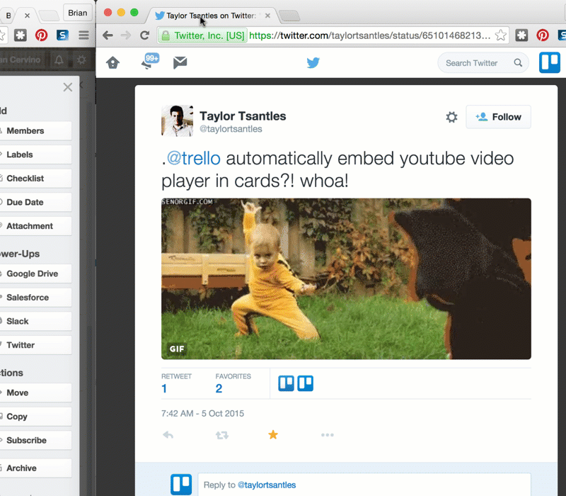 Tweet from Taylor Tsantles about Trello auto-embedding a YouTube video, with a GIF of a child in orange playing on grass on screen.