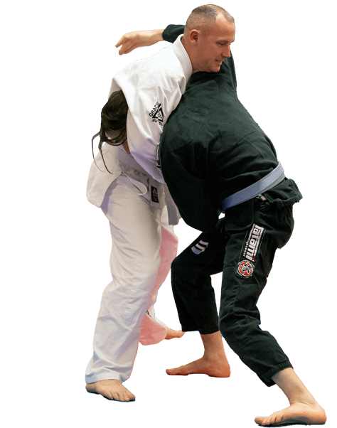 Two Gracie Jiu-Jitsu Brattleboro students practice the Guillotine Defense technique