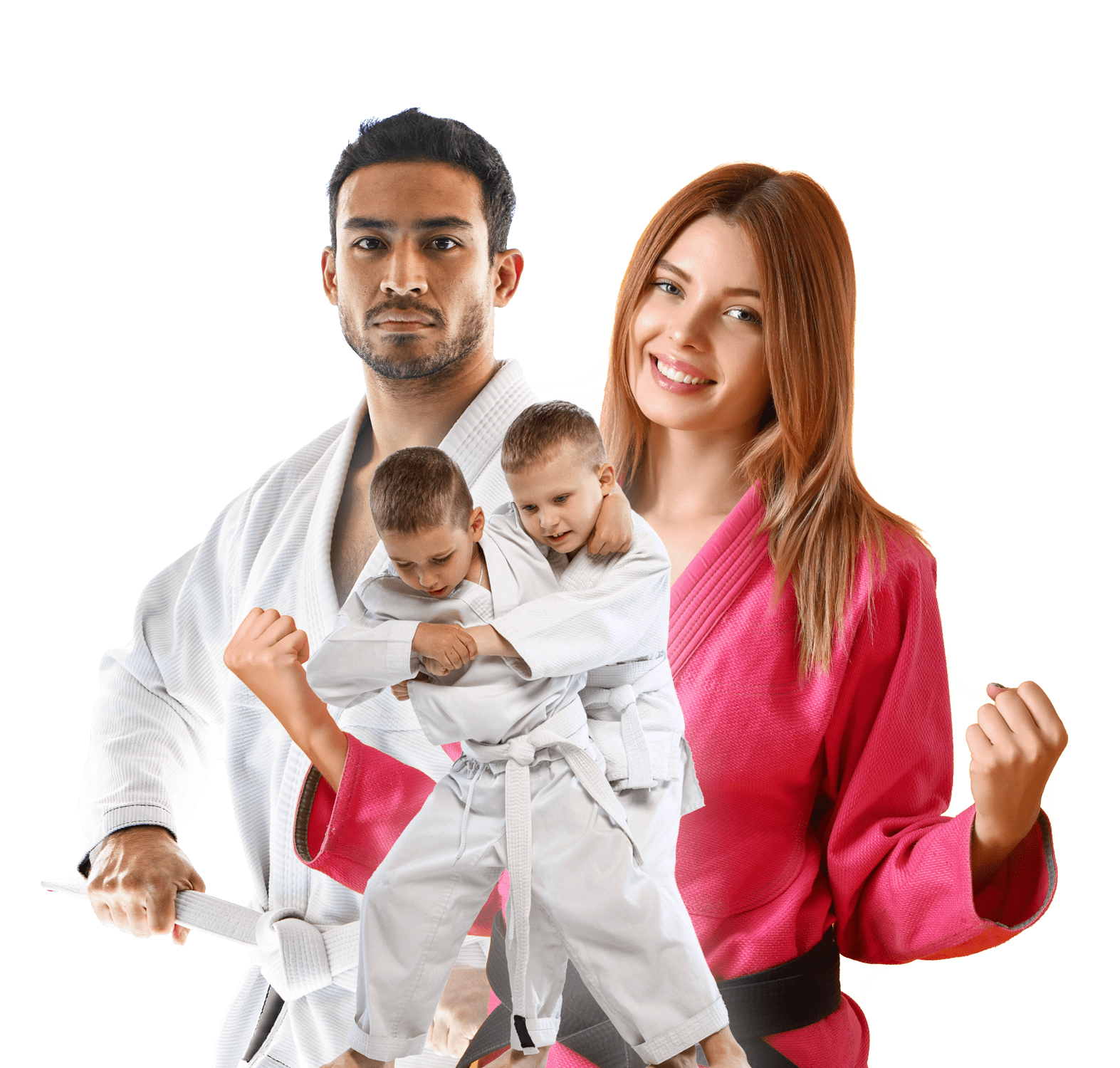 Collage of a man in a white gi, tying a white belt, a woman in a pink gi looking excited, and two young white belt boys practicing a judo throw