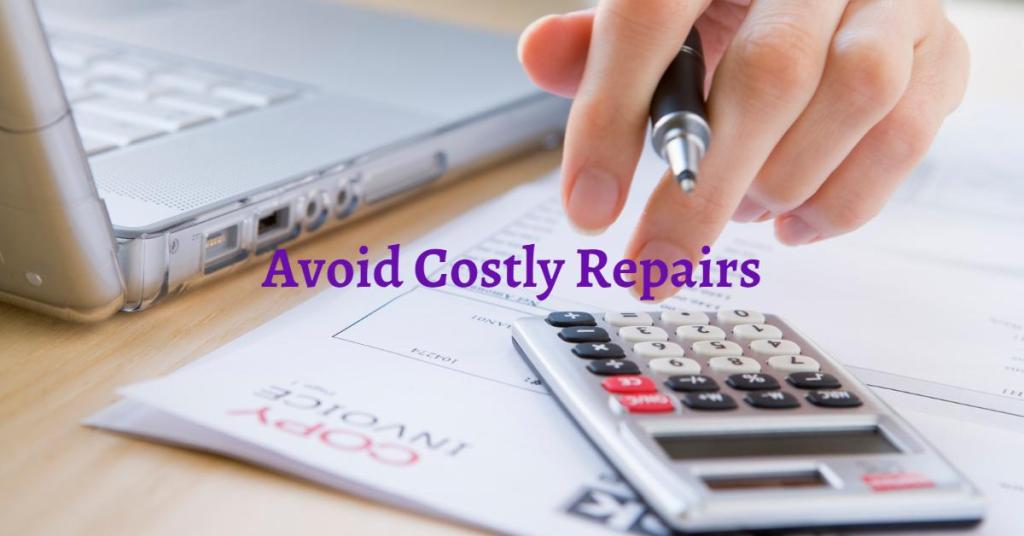 Avoid costly repairs. Laptop, person typing on calculator with ink pen in hand.