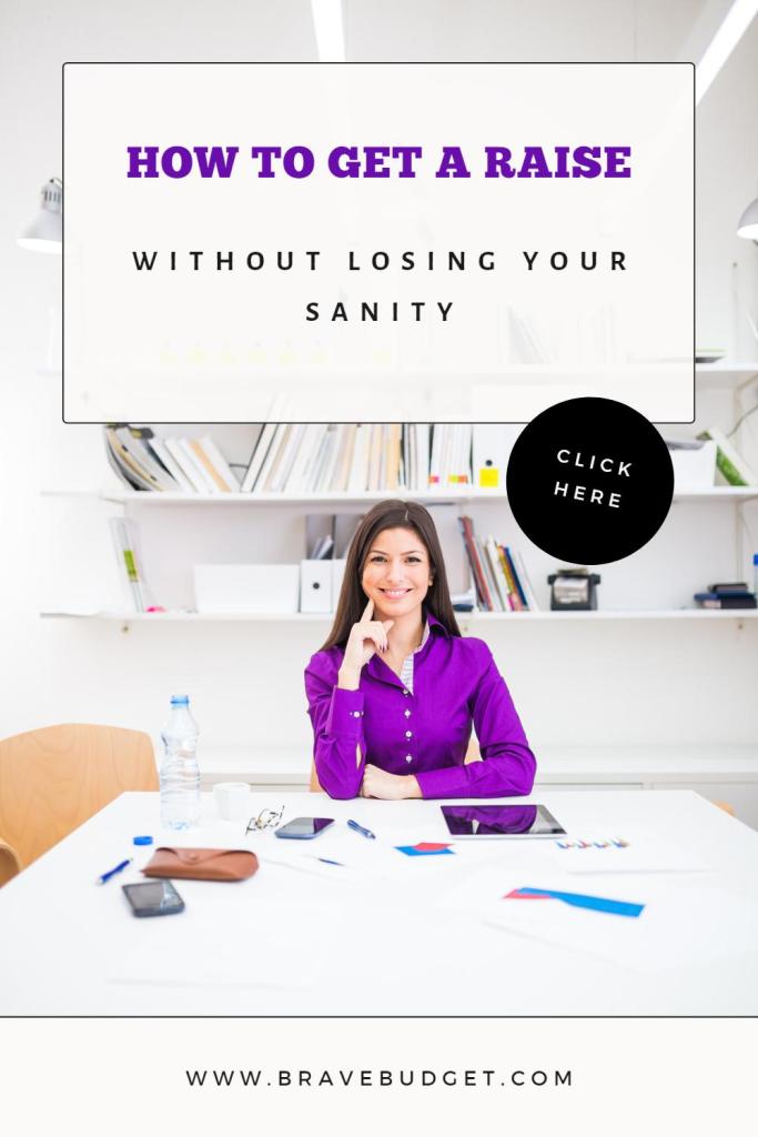 How to get a raise without losing your sanity. Woman smiling, sitting at desk. Book shelf in background