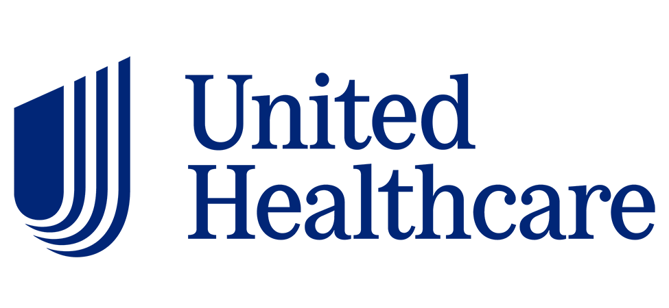 UnitedHealthcare logo: blue shield graphic with stacked lines on the left and blue text on black background