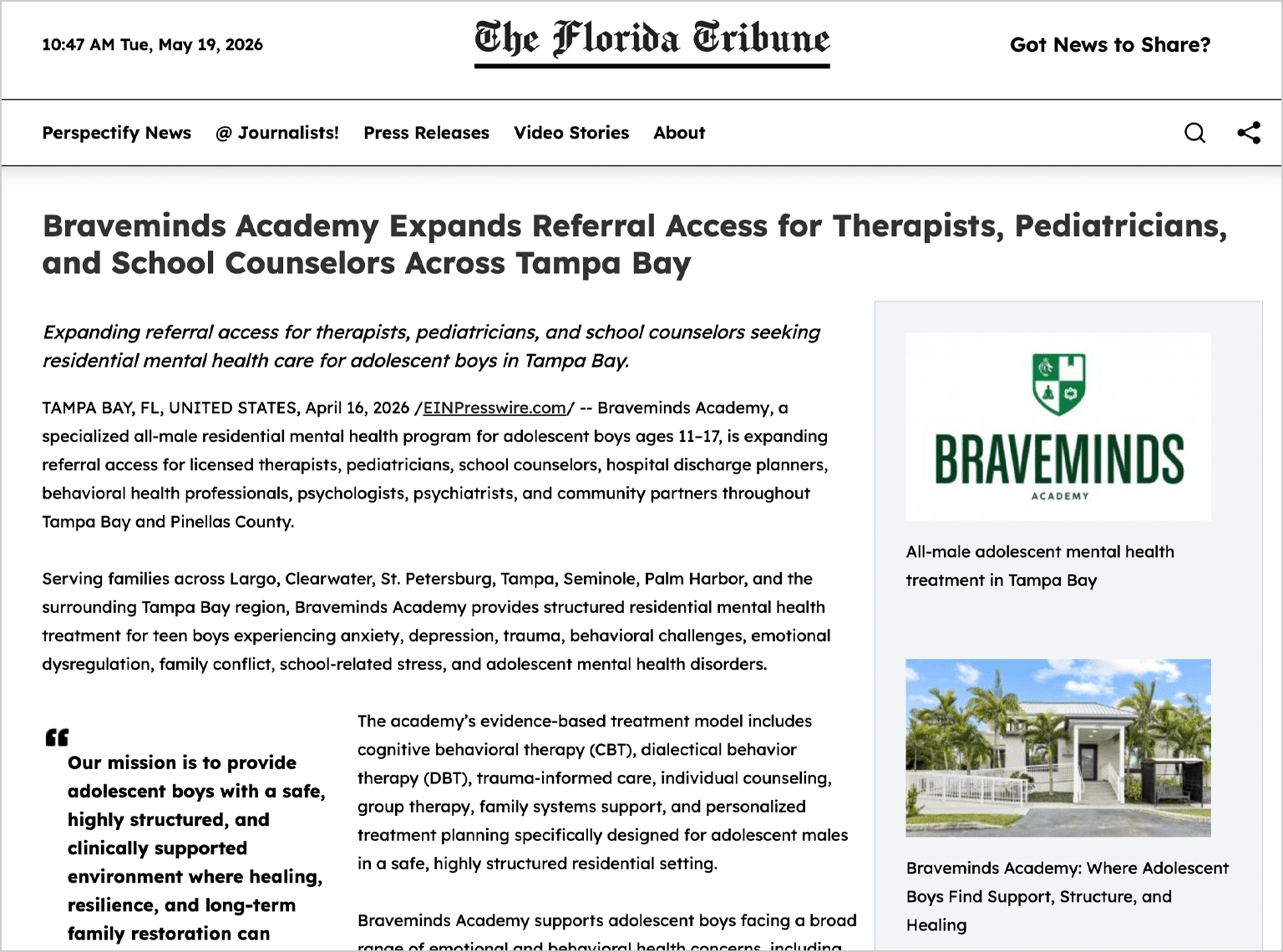 Braveminds Academy logo with article sidebar on a news webpage layout.
