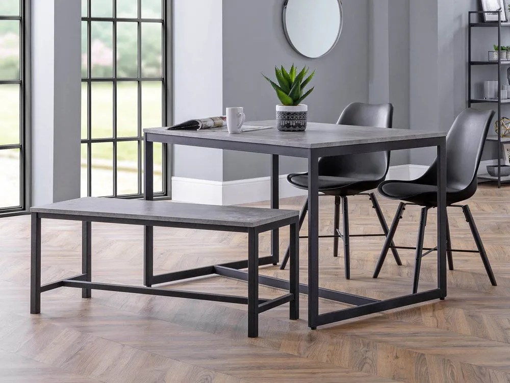 Julian Bowen Staten 120cm Concrete Effect Dining Table with 2 Black Chairs and Bench Set