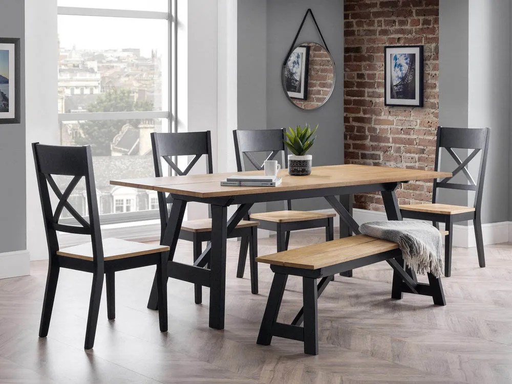 Julian Bowen Hockley Black and Light Oak Dining Table and 4 Chairs and Bench Set