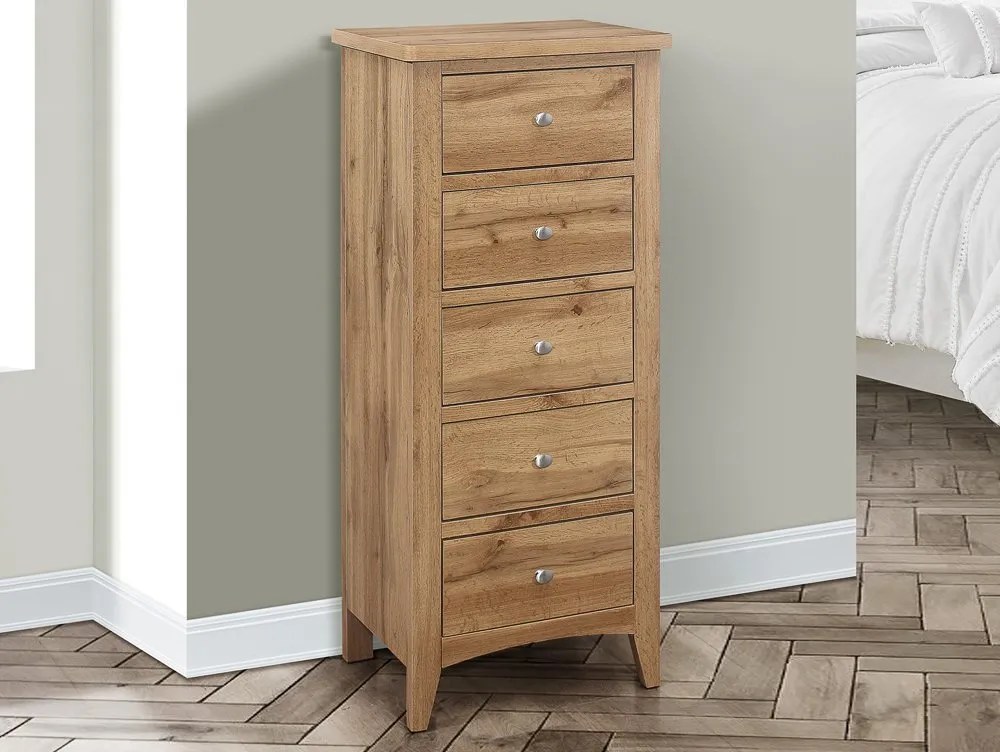 Birlea Hampstead Oak 5 Drawer Tall Narrow Chest of Drawers