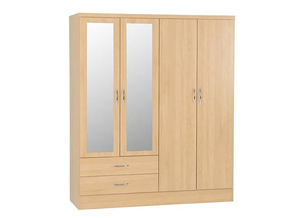Seconique Nevada Sonoma Oak 4 Door 2 Drawer Mirrored Wardrobe