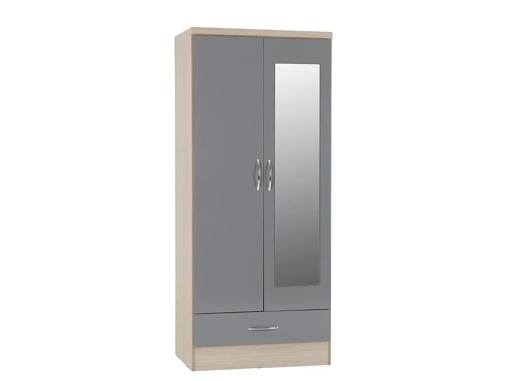 Seconique Nevada Grey Gloss and Oak 2 Door 1 Drawer Mirrored Wardrobe