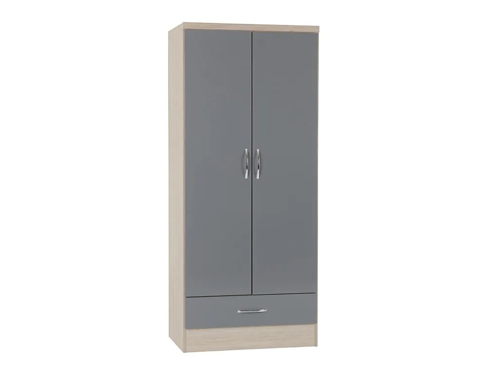 Seconique Nevada Grey Gloss and Oak 2 Door 1 Drawer Double Wardrobe